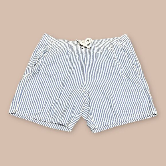 J Crew Swim Trunks Mens M Blue White Seersucker Lined Swim Trunks Preppy Casual - Picture 1 of 6